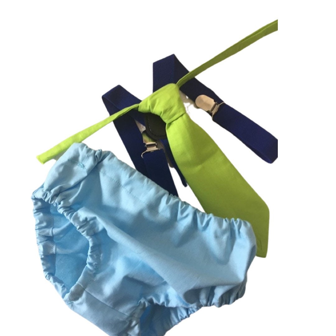Boys First Birthday Outfit - Monster Party - Diaper Cover, Tie & bloomers - blue Suspenders - 1st Birthday - Cake Smash Outfit