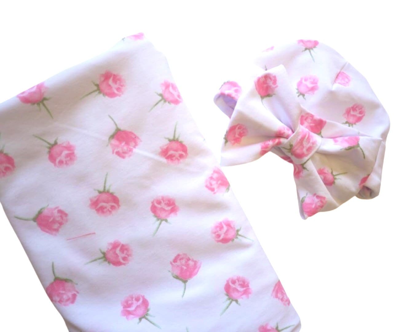 Rose pink Baby Swaddle Blanket with bow hat
