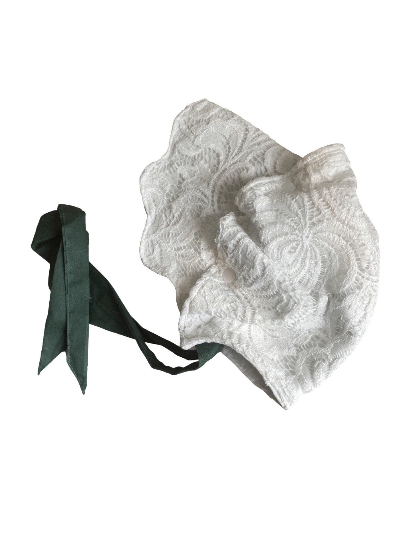 Lace Baby Bonnet Off White with forest green neck ties