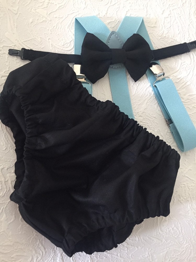 Cake Smash Boy Outfit, Black and blue 1st Birthday Boy, Black Diaper Cover, Bowtie, Suspender, blue suspenders, First Birthday Boy, Boys 1st