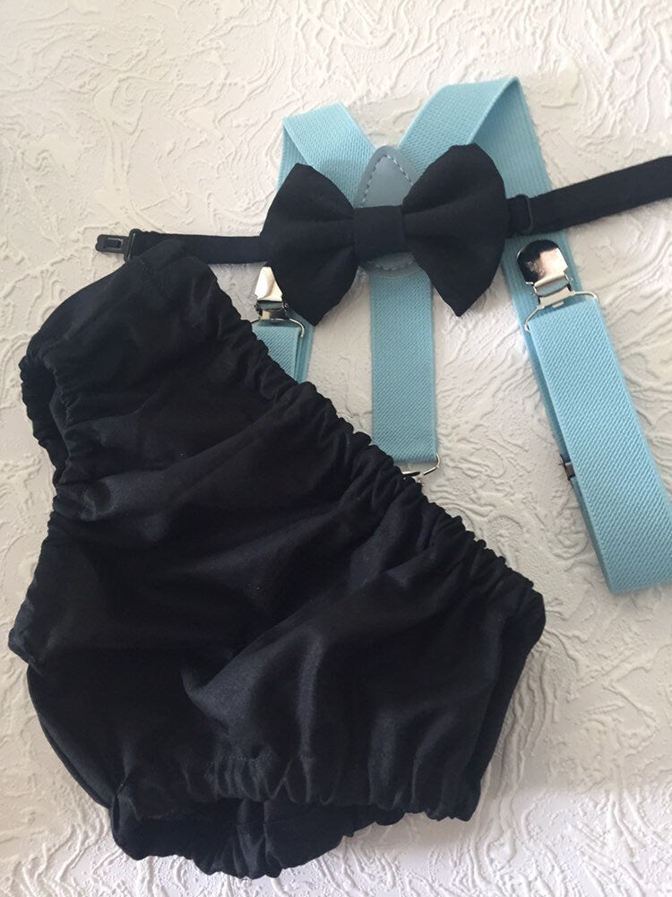 Cake Smash Boy Outfit, Black and blue 1st Birthday Boy, Black Diaper Cover, Bowtie, Suspender, blue suspenders, First Birthday Boy, Boys 1st