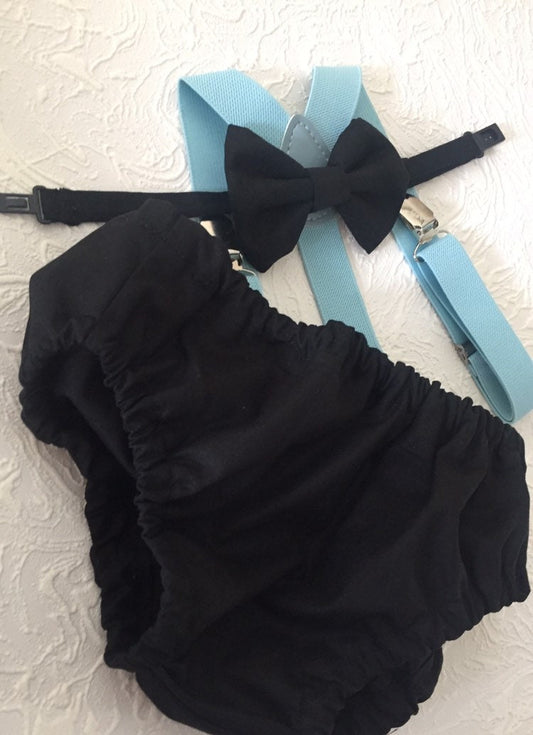 Cake Smash Boy Outfit, Black and blue 1st Birthday Boy, Black Diaper Cover, Bowtie, Suspender, blue suspenders, First Birthday Boy, Boys 1st