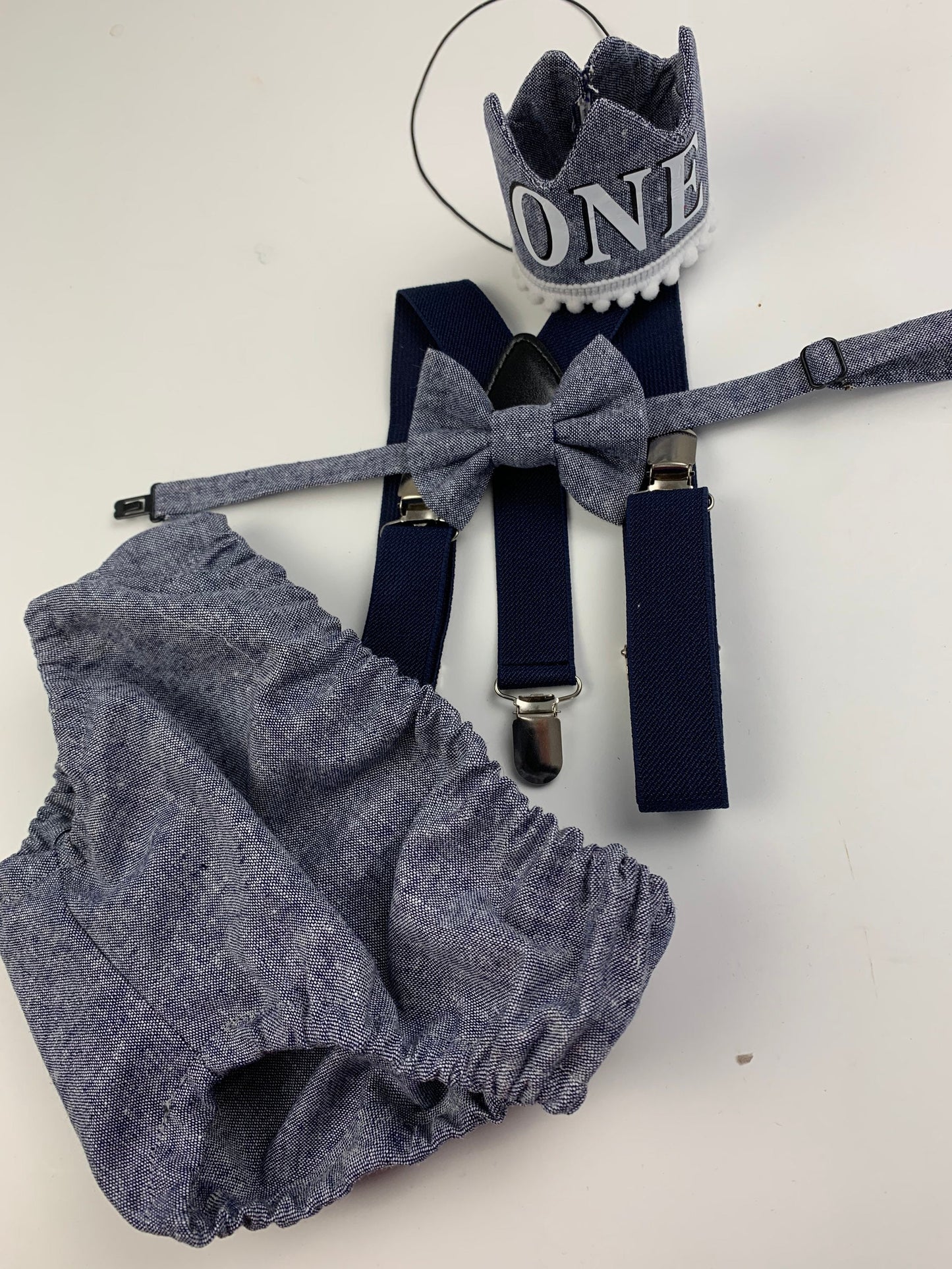 Light denim sitter set - baby boy photo prop - baby clothes - vintage style - first birthday crown - cake smash outfit