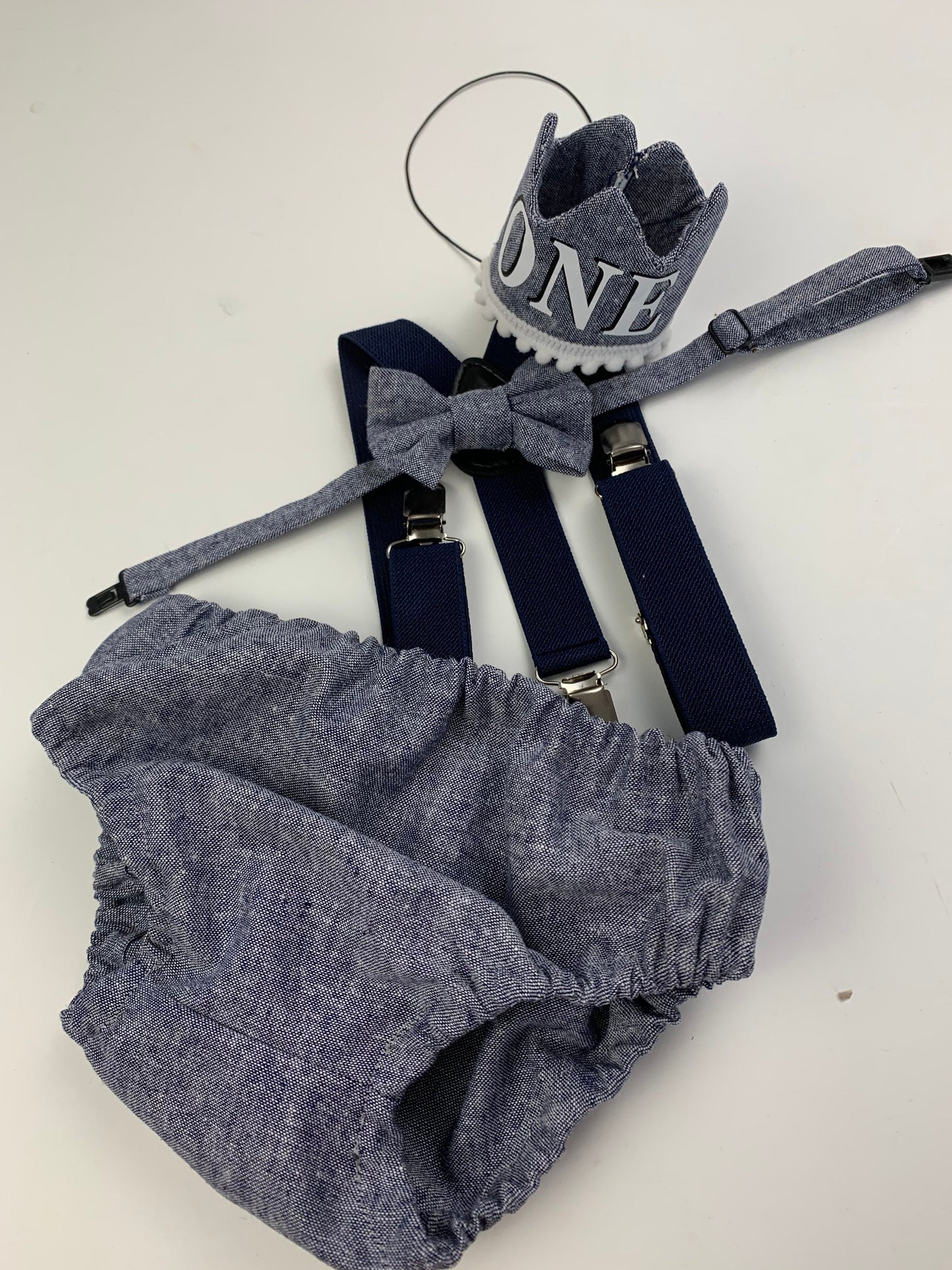 Light denim sitter set - baby boy photo prop - baby clothes - vintage style - first birthday crown - cake smash outfit