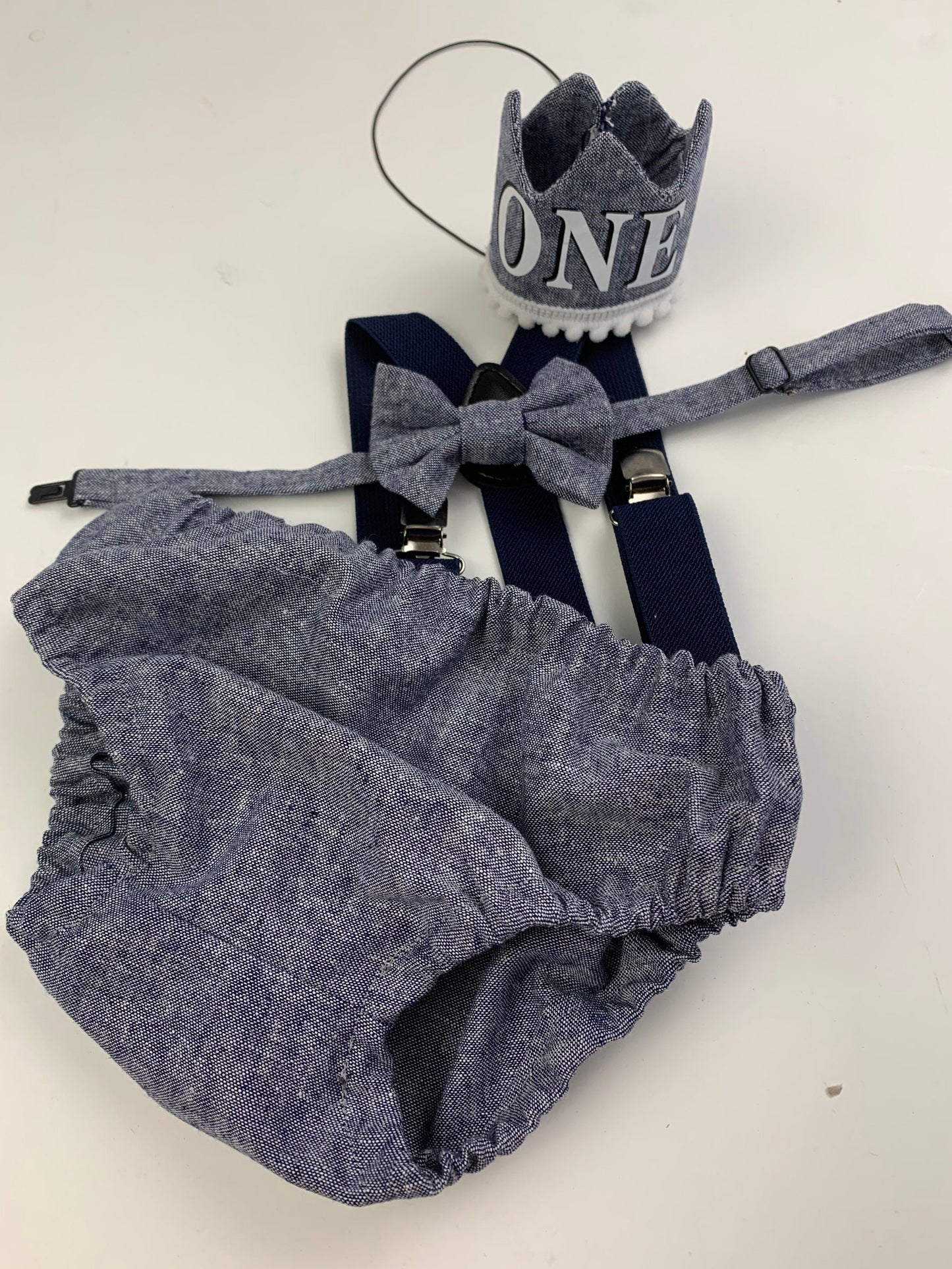 Light denim sitter set - baby boy photo prop - baby clothes - vintage style - first birthday crown - cake smash outfit