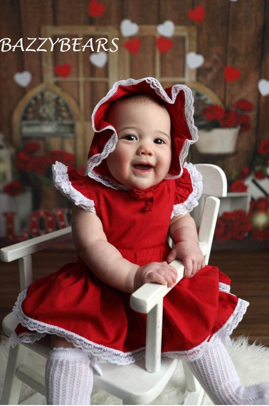Valentine Smocked Bubble Romper - Red Hearts on Red Polka Dot, Smocked Sleeves, Baby Girl, Heirloom, Vintage Style