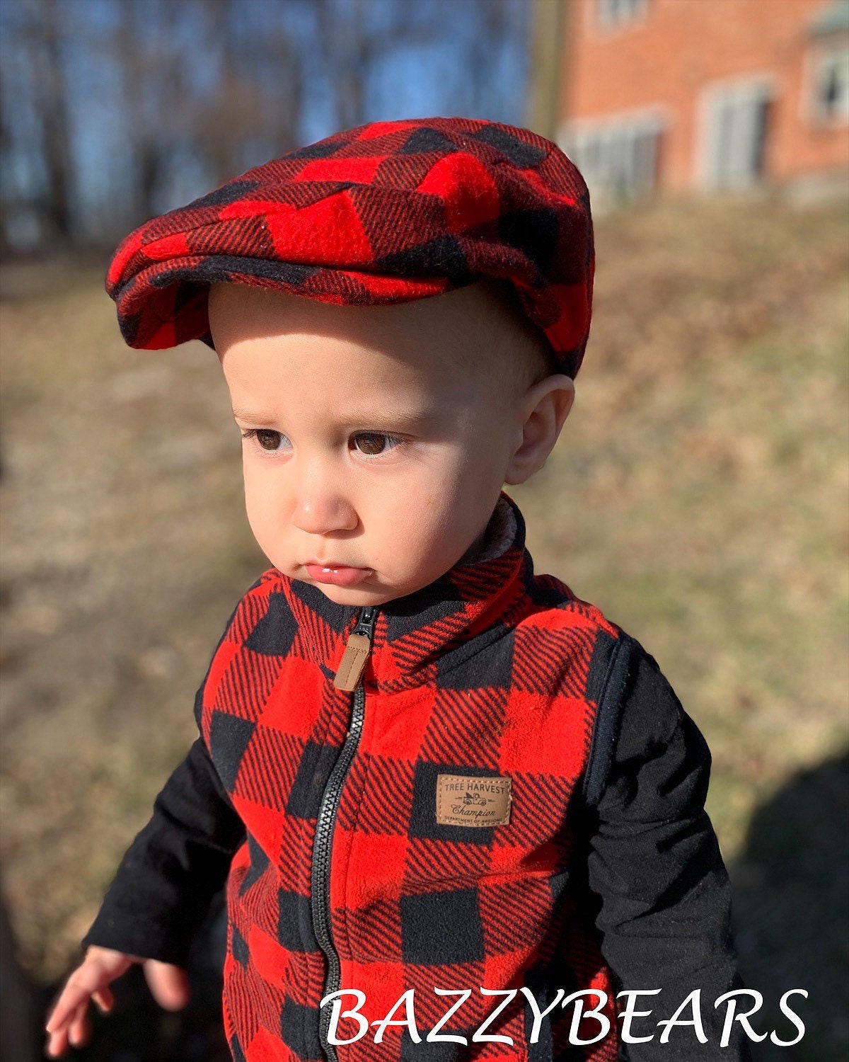 Red and Black Buffalo Check Flat Cap In Lumberjack Plaid