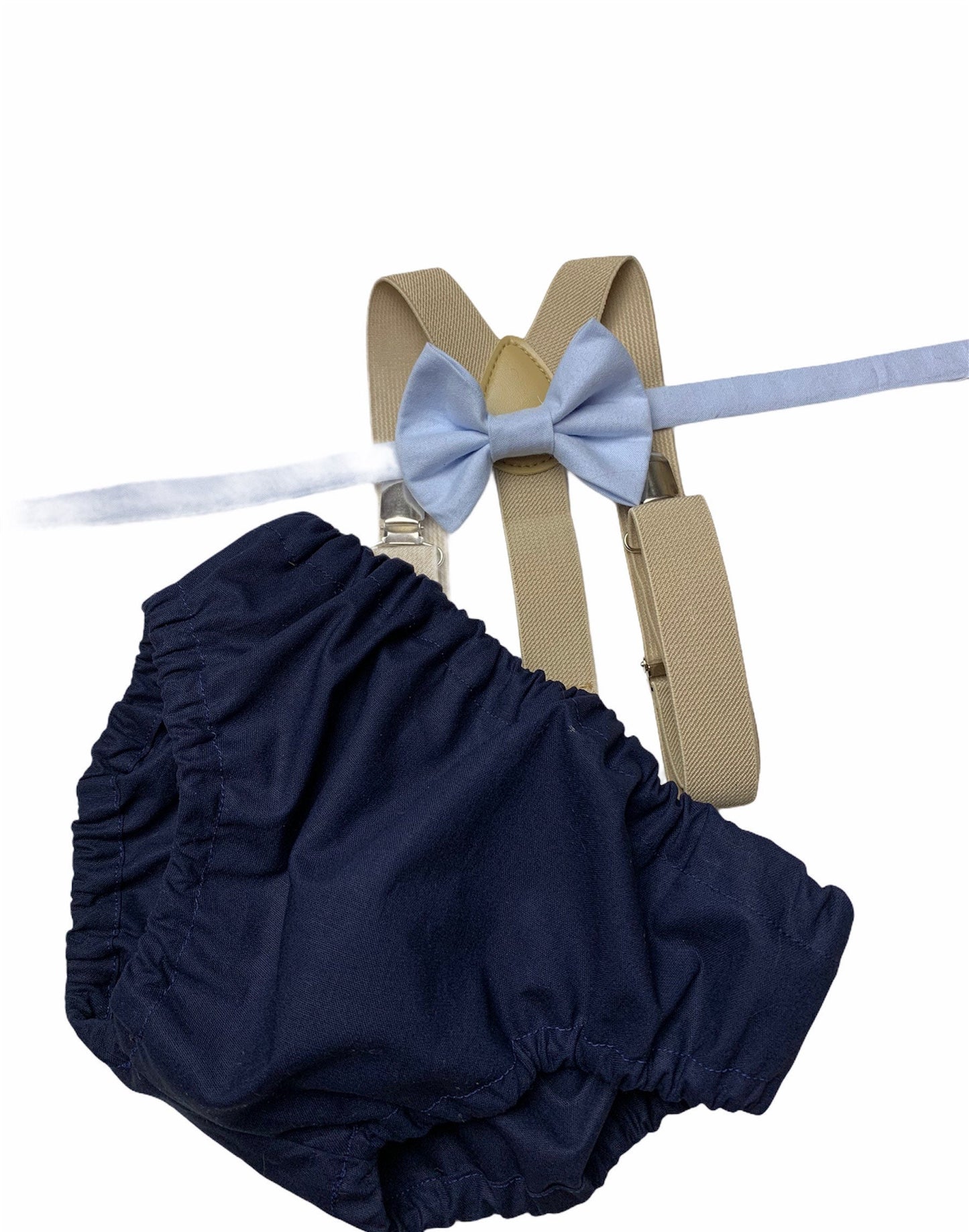 Navy Smash Cake Outfit Boy First Birthday super soft navy cotton Diaper Cover, beige Suspenders and blue bow tie 1st Birthday Photoshoot