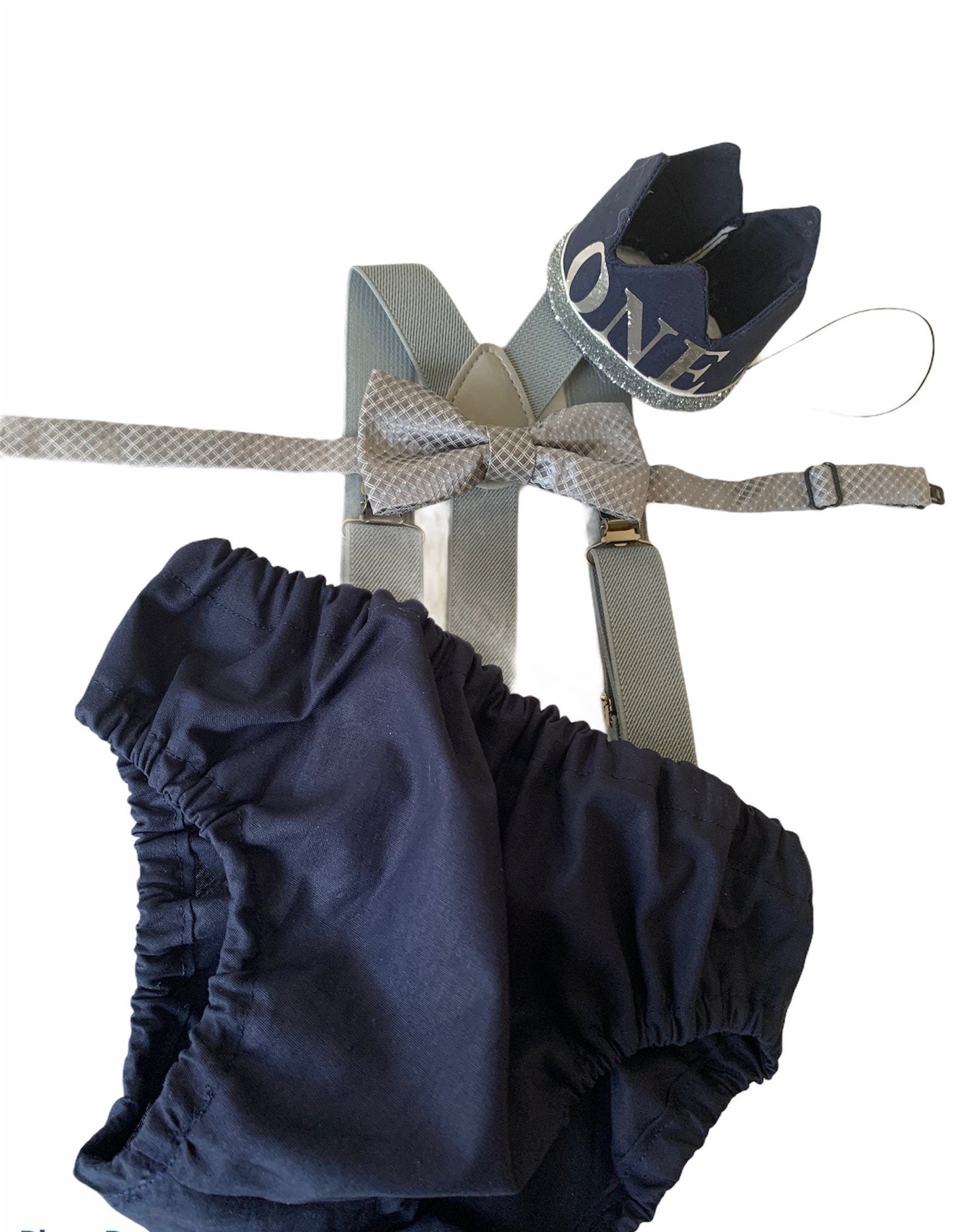 Smash Cake Outfit Boy Birthday Navy Blue and Gray Outfit 1, 2, 3 or 4 Piece Set Diaper Cover Tie Gray Suspenders Party Hat Bow Tie Bloomers