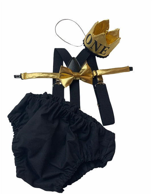 King of the wild things outfit, wild one cake smash outfit, boys party crown, one year boy outfit, black gold boy birthday outfit, boy tie