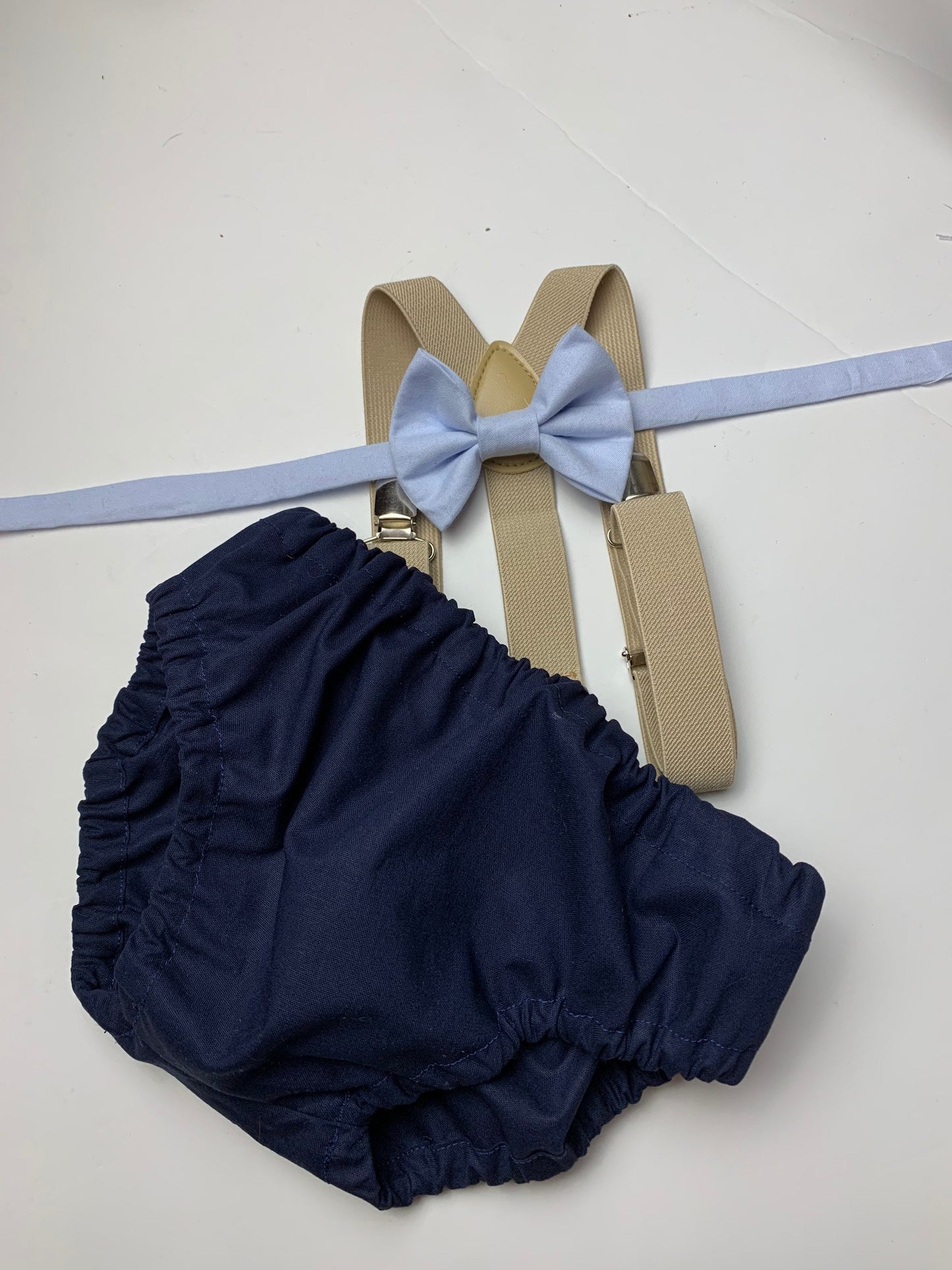 Navy Smash Cake Outfit Boy First Birthday super soft navy cotton Diaper Cover, beige Suspenders and blue bow tie 1st Birthday Photoshoot