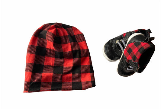 Reversible Bamboo Red Buffalo Plaid and Black Slouchy Beanie Hat - Unisex Baby Toddler Kids Women Men Adult