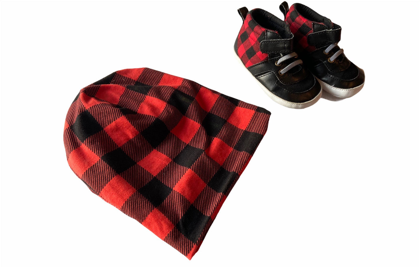 Reversible Red Buffalo Plaid Beanie | Black Slouchy Hat | Unisex Baby Toddler Kids & Adults