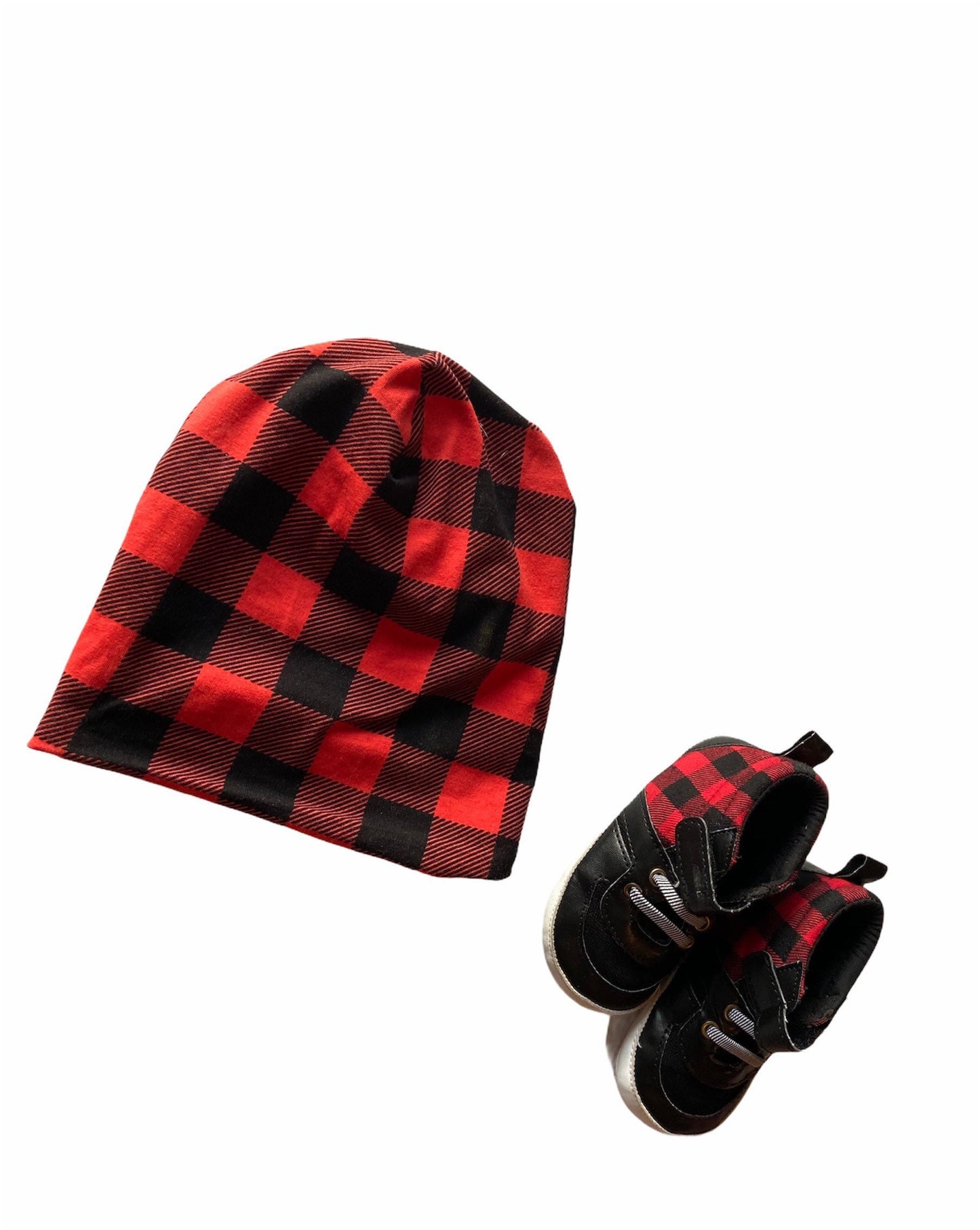 Reversible Red Buffalo Plaid Beanie | Black Slouchy Hat | Unisex Baby Toddler Kids & Adults