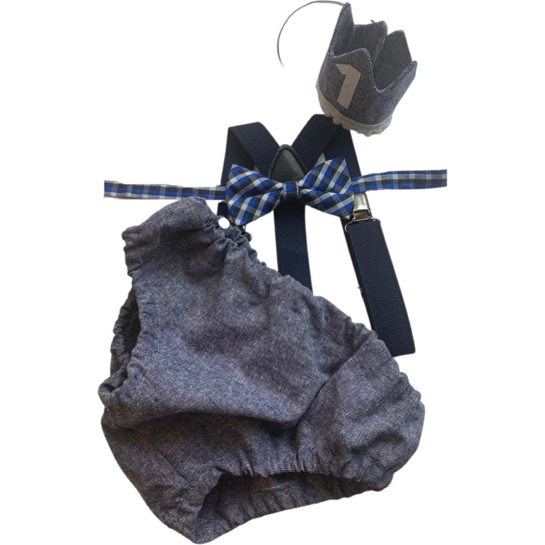Light denim sitter set - baby boy photo prop - baby clothes - vintage style - first birthday crown - cake smash outfit