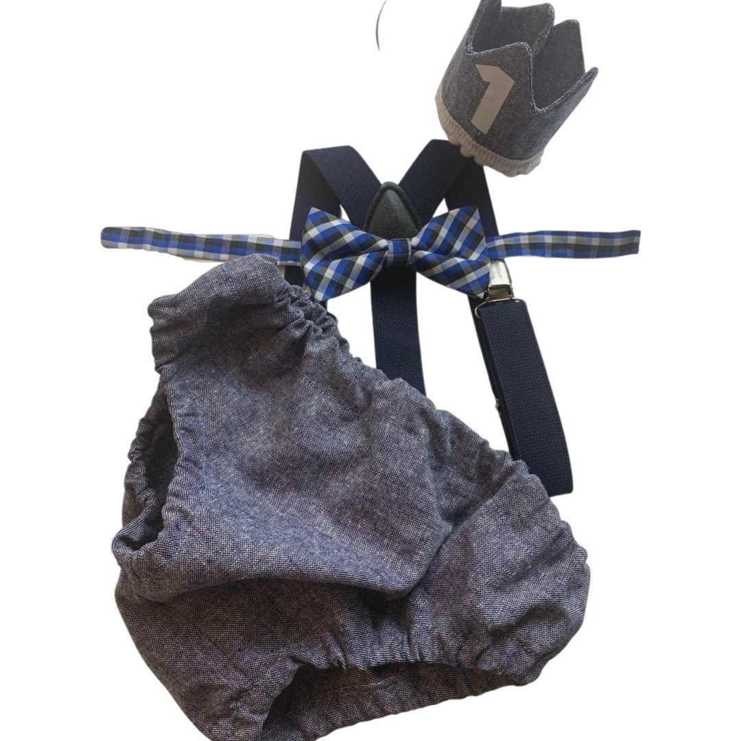 Light denim sitter set - baby boy photo prop - baby clothes - vintage style - first birthday crown - cake smash outfit