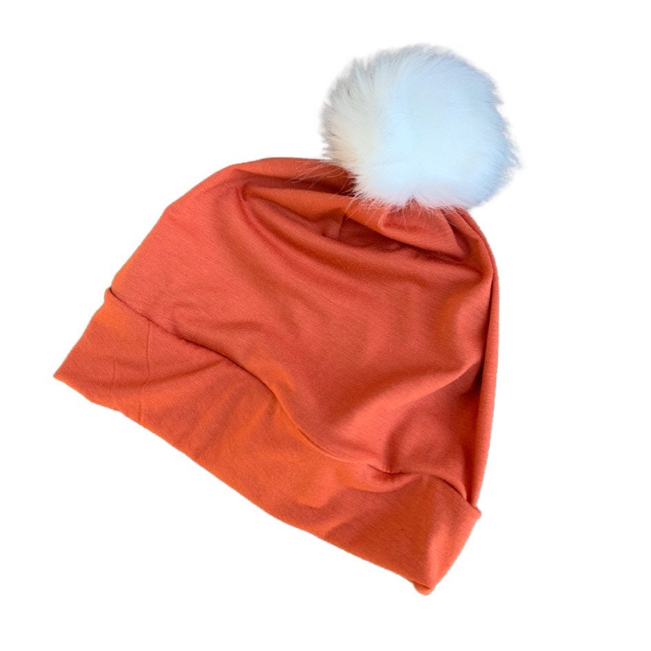 Orange Baby Pom Pom Hat – Soft Slouchy Beanie with White Fur Pom, Newborn Toddler Winter Hat