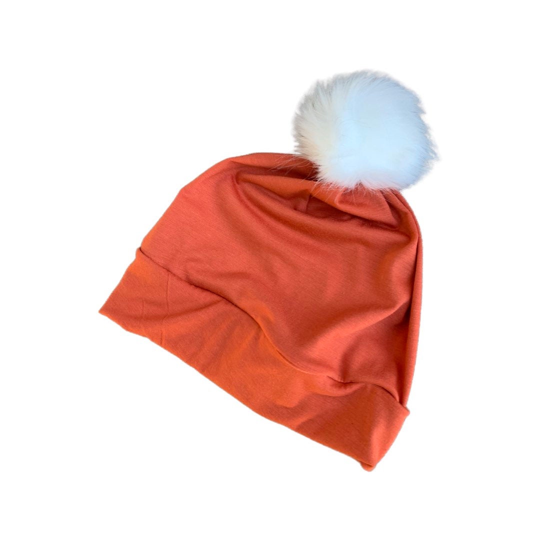 Orange Baby Pom Pom Hat – Soft Slouchy Beanie with White Fur Pom, Newborn Toddler Winter Hat