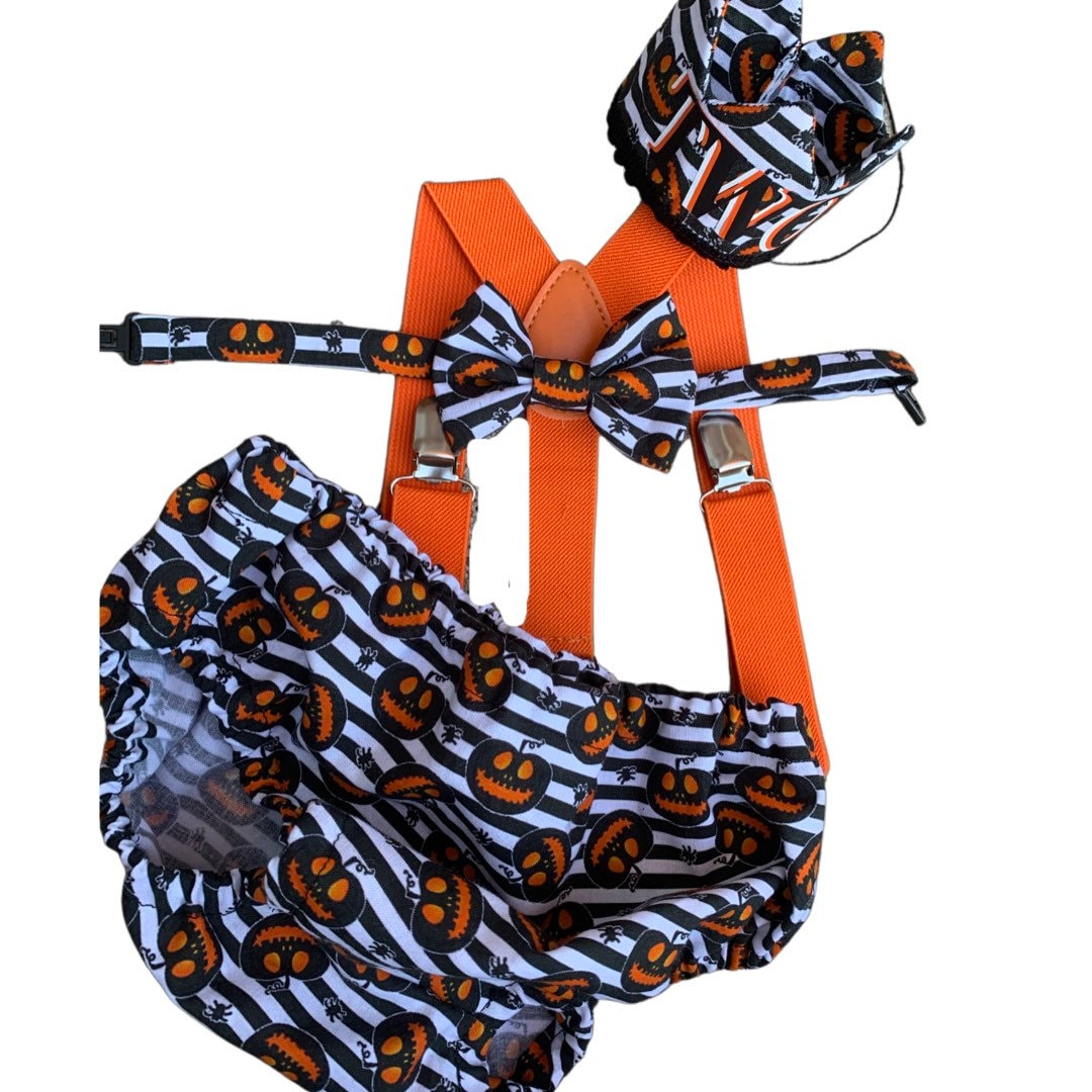 1st Birthday boy cake smash Outfit Bow tie bloomers pumpkin halloween cake smash, boy outfit,bloomers,diaper cover, stripes cake smash,