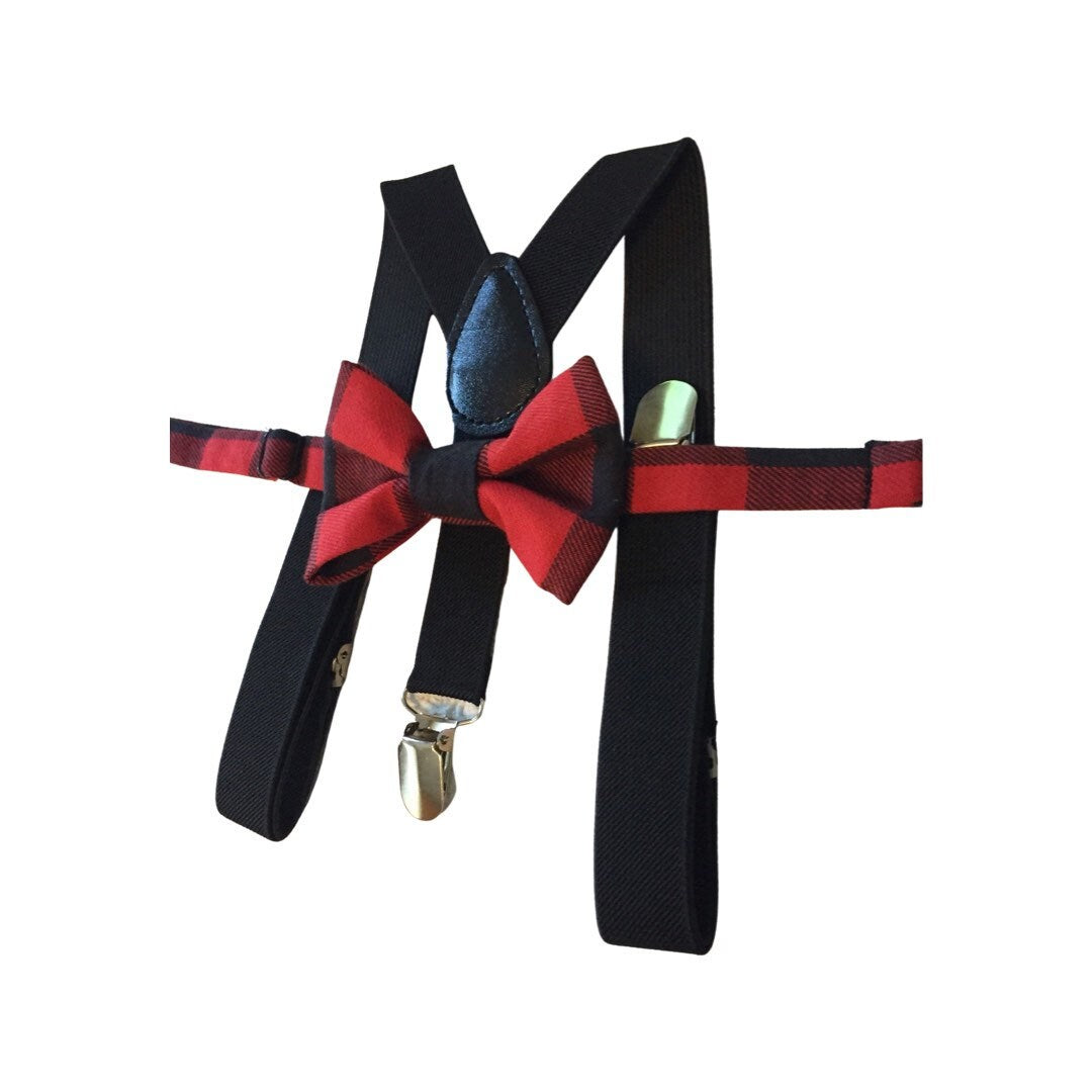 Christmas Bow Tie & Suspenders Set- Kids Babies Toddler Baby - Plaid - Red Green - Santa Tree - Little Boy Suspenders Cake Smash Suspenders