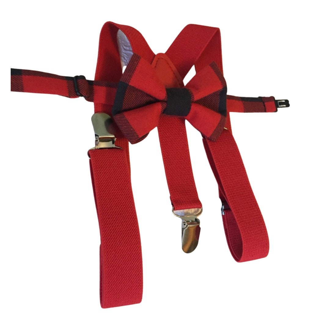 Christmas Bow Tie & Suspenders Set- Kids Babies Toddler Baby - Plaid - Red Green - Santa Tree - Little Boy Suspenders Cake Smash Suspenders