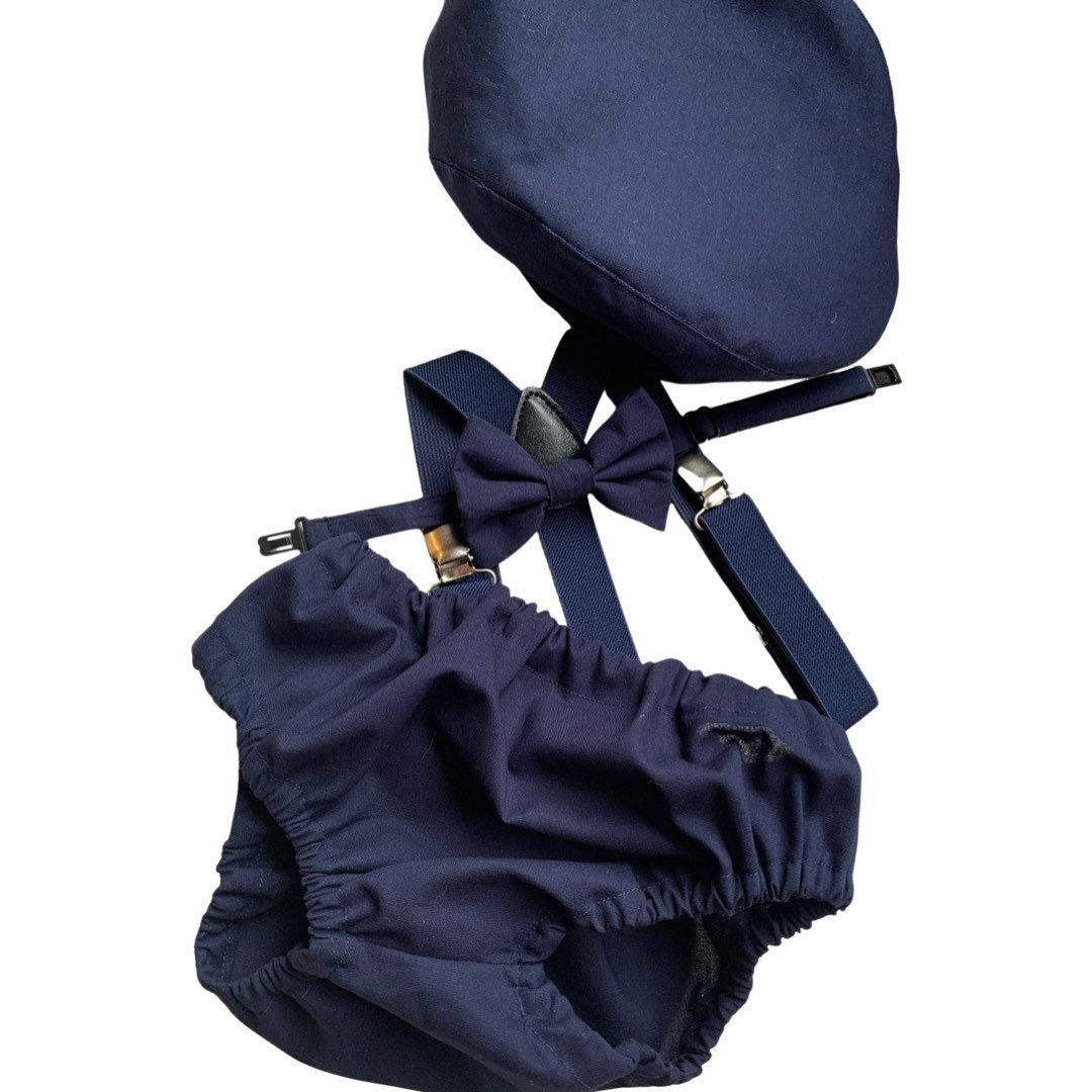 Smash Cake Outfit Boy Birthday Navy Blue and Gray Outfit 1, 2, 3 or 4 Piece Set Diaper Cover Tie Gray Suspenders Party Hat Bow Tie Bloomers