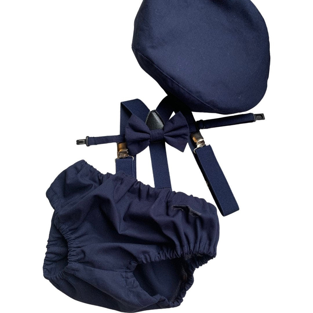Smash Cake Outfit Boy Birthday Navy Blue and Gray Outfit 1, 2, 3 or 4 Piece Set Diaper Cover Tie Gray Suspenders Party Hat Bow Tie Bloomers