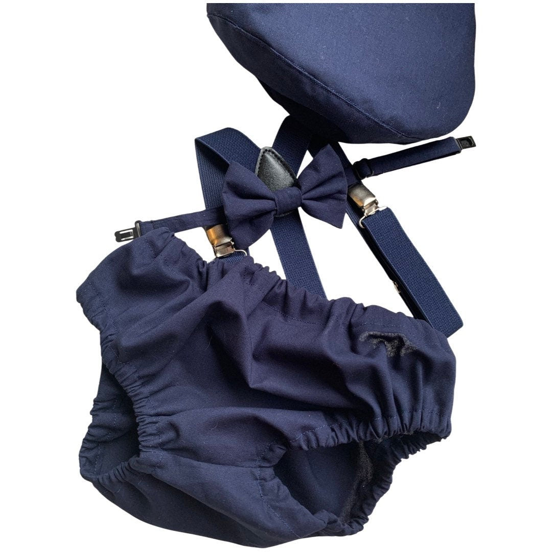 Smash Cake Outfit Boy Birthday Navy Blue and Gray Outfit 1, 2, 3 or 4 Piece Set Diaper Cover Tie Gray Suspenders Party Hat Bow Tie Bloomers