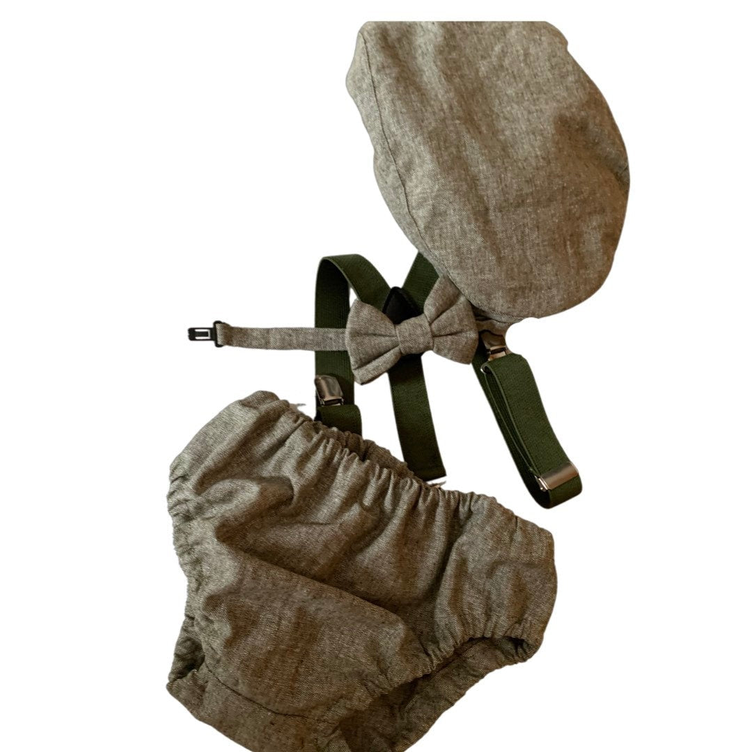 Olive denim sitter set - baby boy photo prop - baby clothes - vintage style - flat cap - cake smash outfit