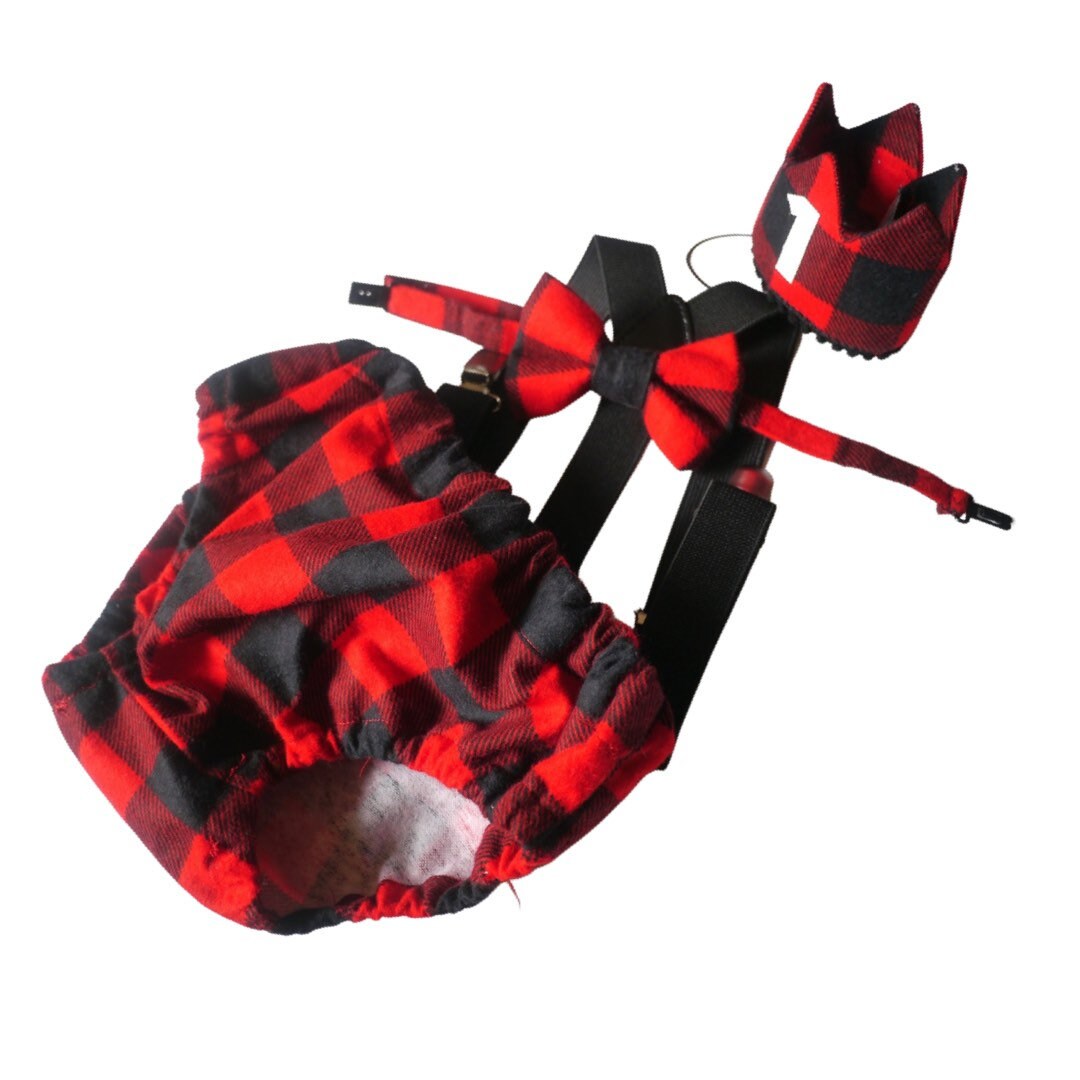 Lumberjack Birthday Diaper Cover, red and black plaid set, photo prop, cake smash outfit, woodlands, Bear outfit