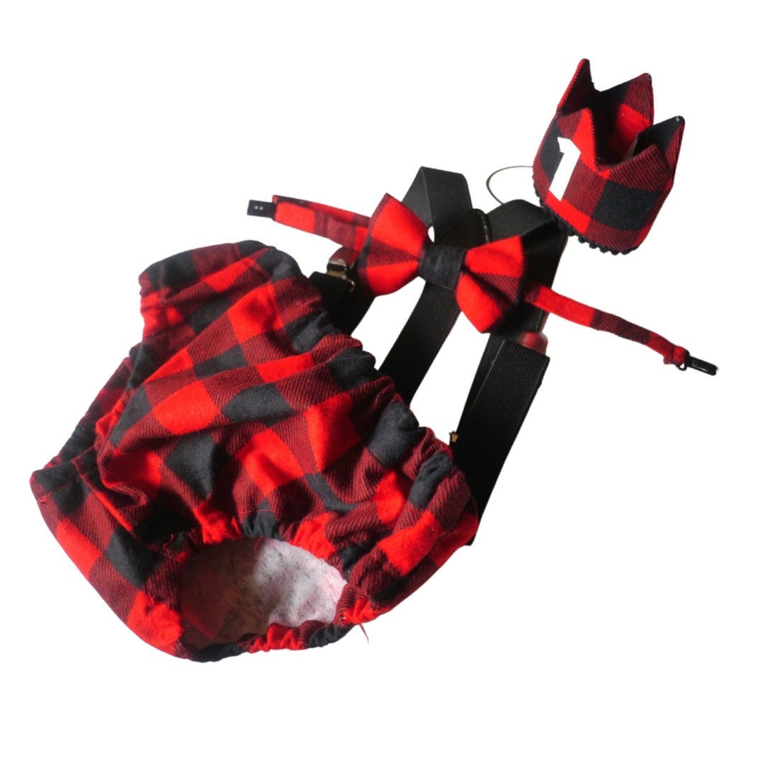 Lumberjack Birthday Diaper Cover, red and black plaid set, photo prop, cake smash outfit, woodlands, Bear outfit