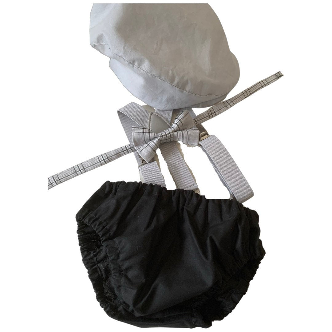 Cake Smash Boy First Birthday super soft black cotton Diaper Cover,grey Suspenders,black bow tie, Birthday Photoshoot