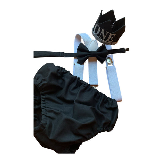 Cake Smash Boy First Birthday super soft black cotton Diaper Cover,black Suspenders,black bow tie, Birthday Photoshoot