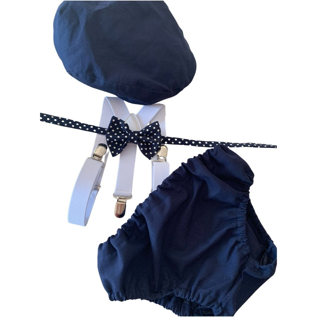 Navy Smash Cake Outfit Boy First Birthday super soft navy cotton Diaper Cover, navy Suspenders and navy bow tie 1st Birthday Photoshoot