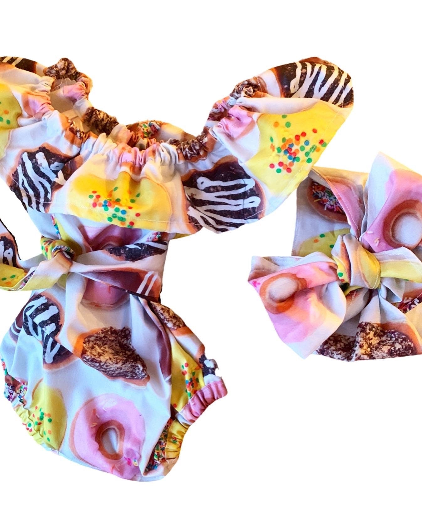 Donut romper, cake smash, doughnut romper, first birthday, romper, vintage style, tracked shipping USA and Canada
