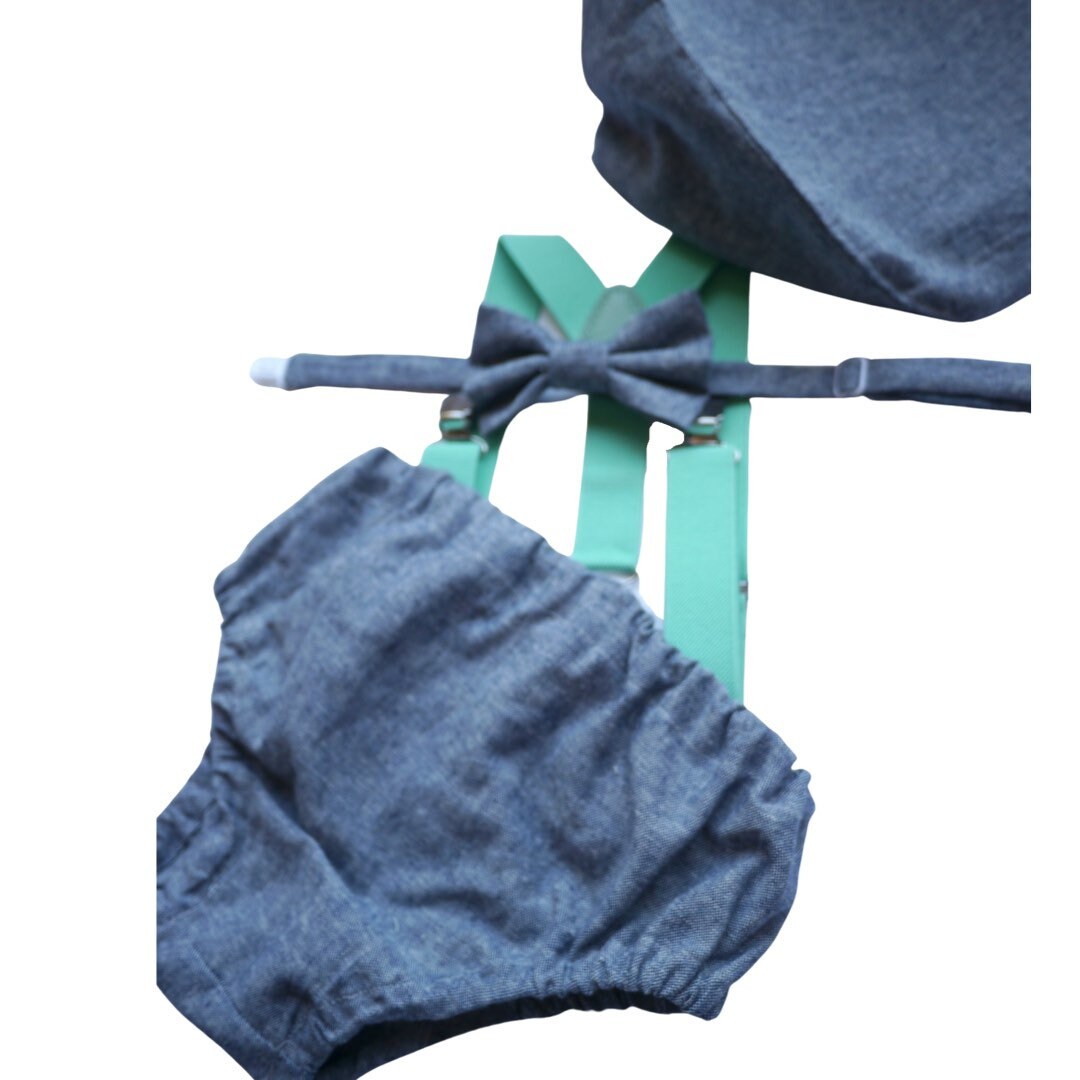 Light denim sitter set - baby boy photo prop - baby clothes - vintage style - flat cap - cake smash outfit