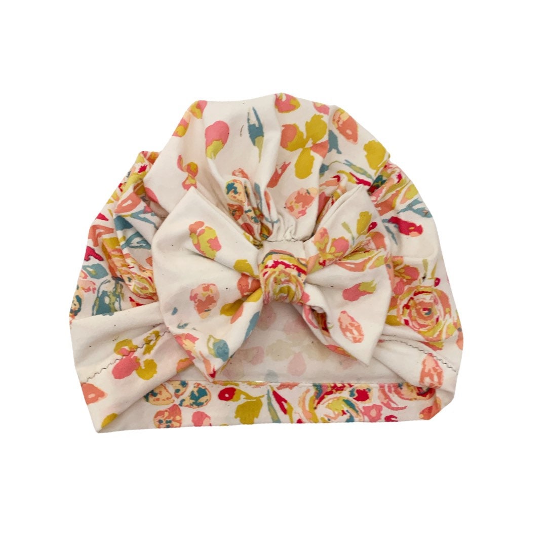 Floral Turban Hat with Bow |Hospital Hat | child and adult turban |Handmade Headwrap