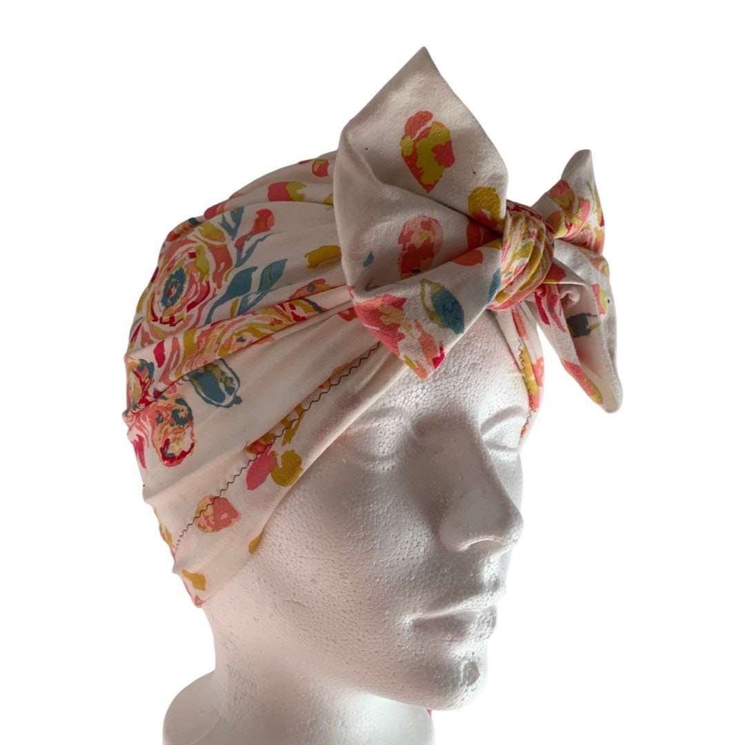 Floral Turban Hat with Bow |Hospital Hat | child and adult turban |Handmade Headwrap