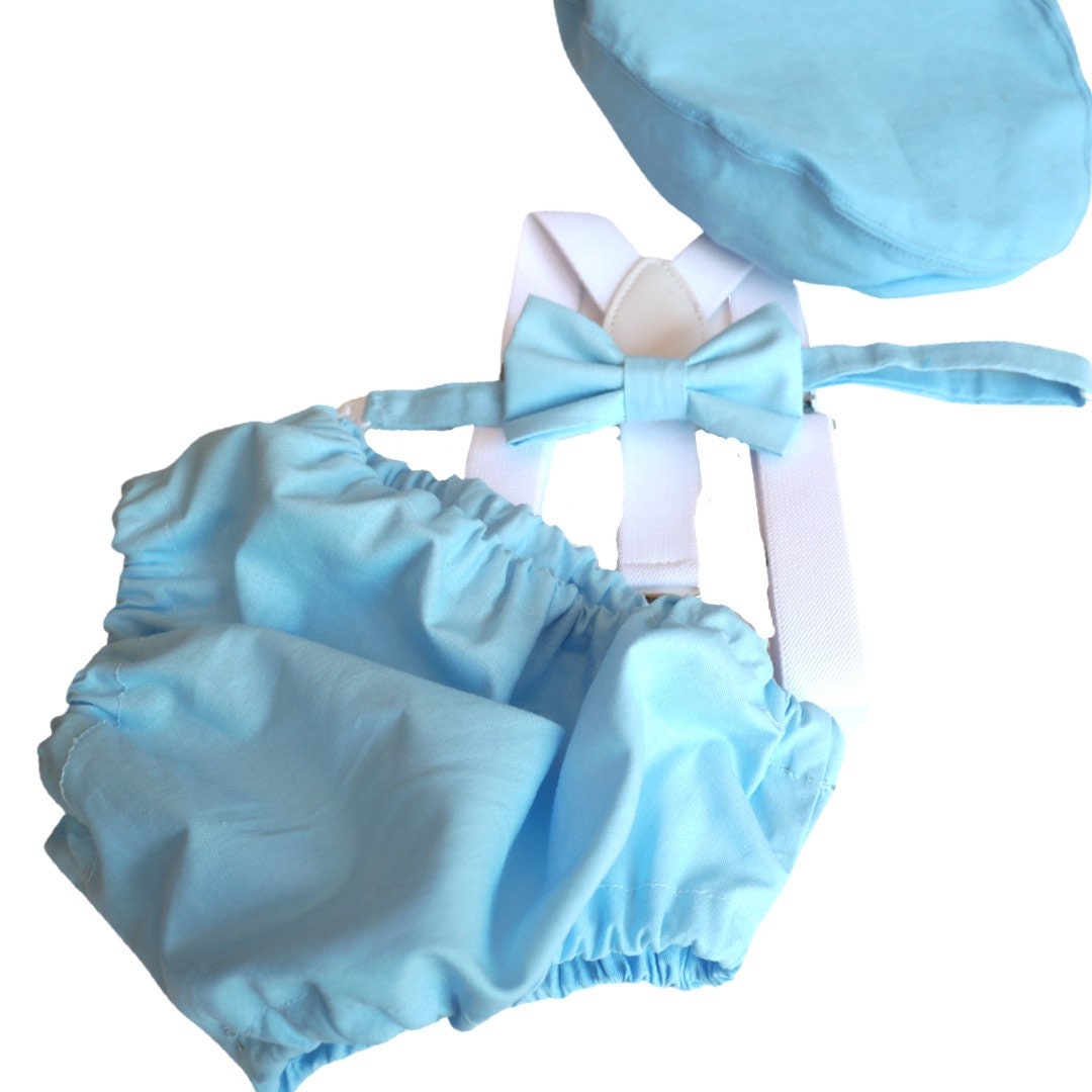 Adorable Boys Cake Smash Outfit - Blue Cotton Set with Shorts, Bow, Braces, and Party Hat. Perfect 1st Birthday Attire! Shop now. #BabyBoy
