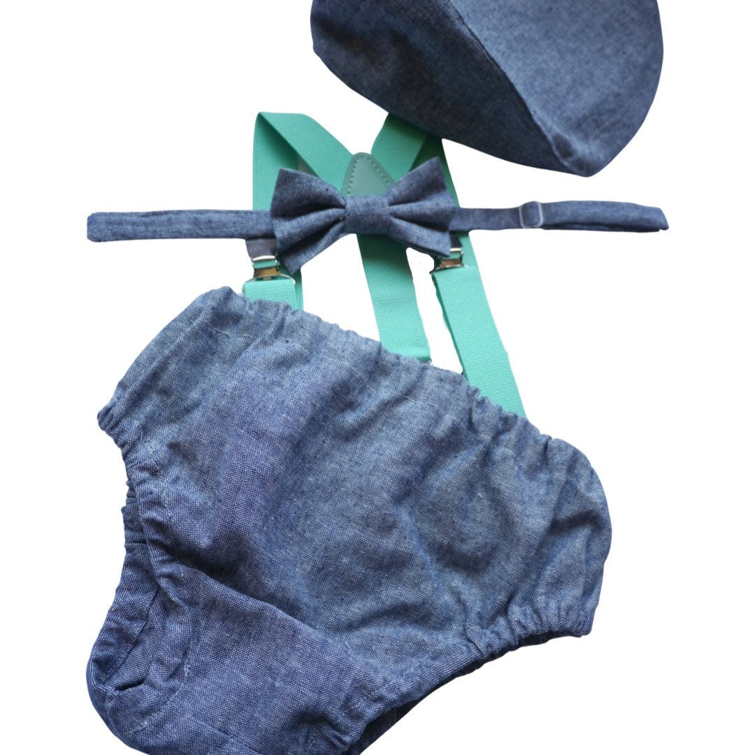 Light denim sitter set - baby boy photo prop - baby clothes - vintage style - flat cap - cake smash outfit