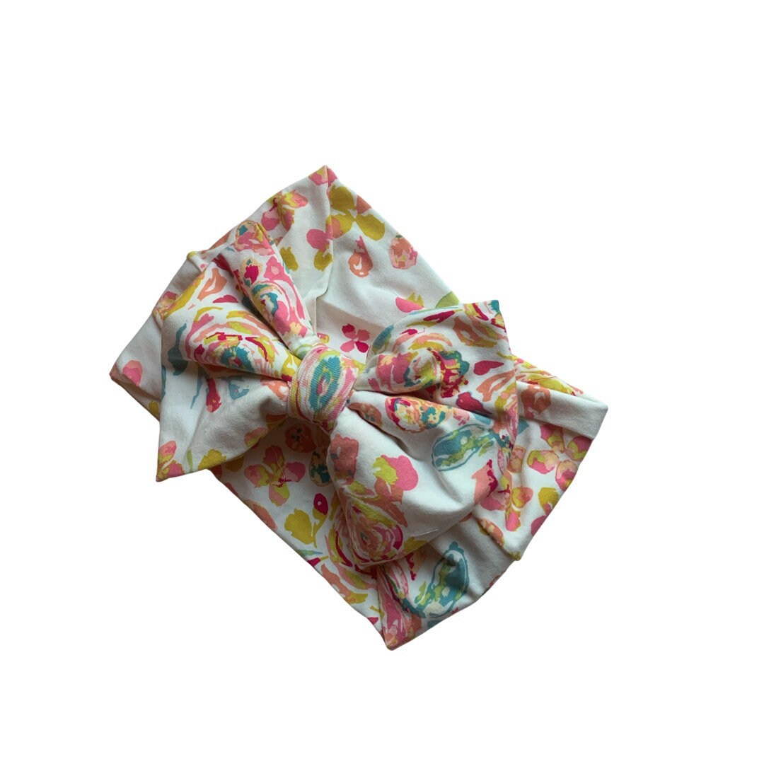 Spring Floral baby swaddle blanket with bow headband