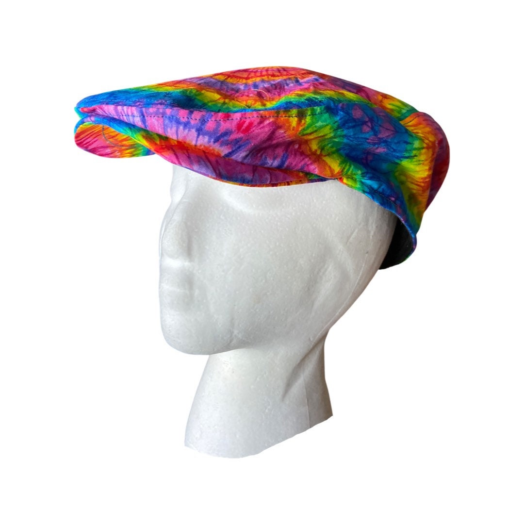 Handmade Tie Dye Flatcap Gatsby Newsboy Rave Hat Rainbow Multi Colour Festival Tie dye flat cap
