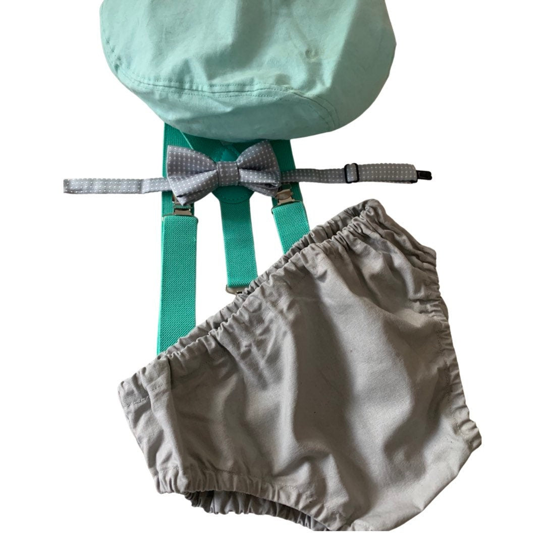 1st Birthday boy cake smash bow tie suspenders outfit 12 mo Teal, gray, boy outfit, bloomers, diaper cover