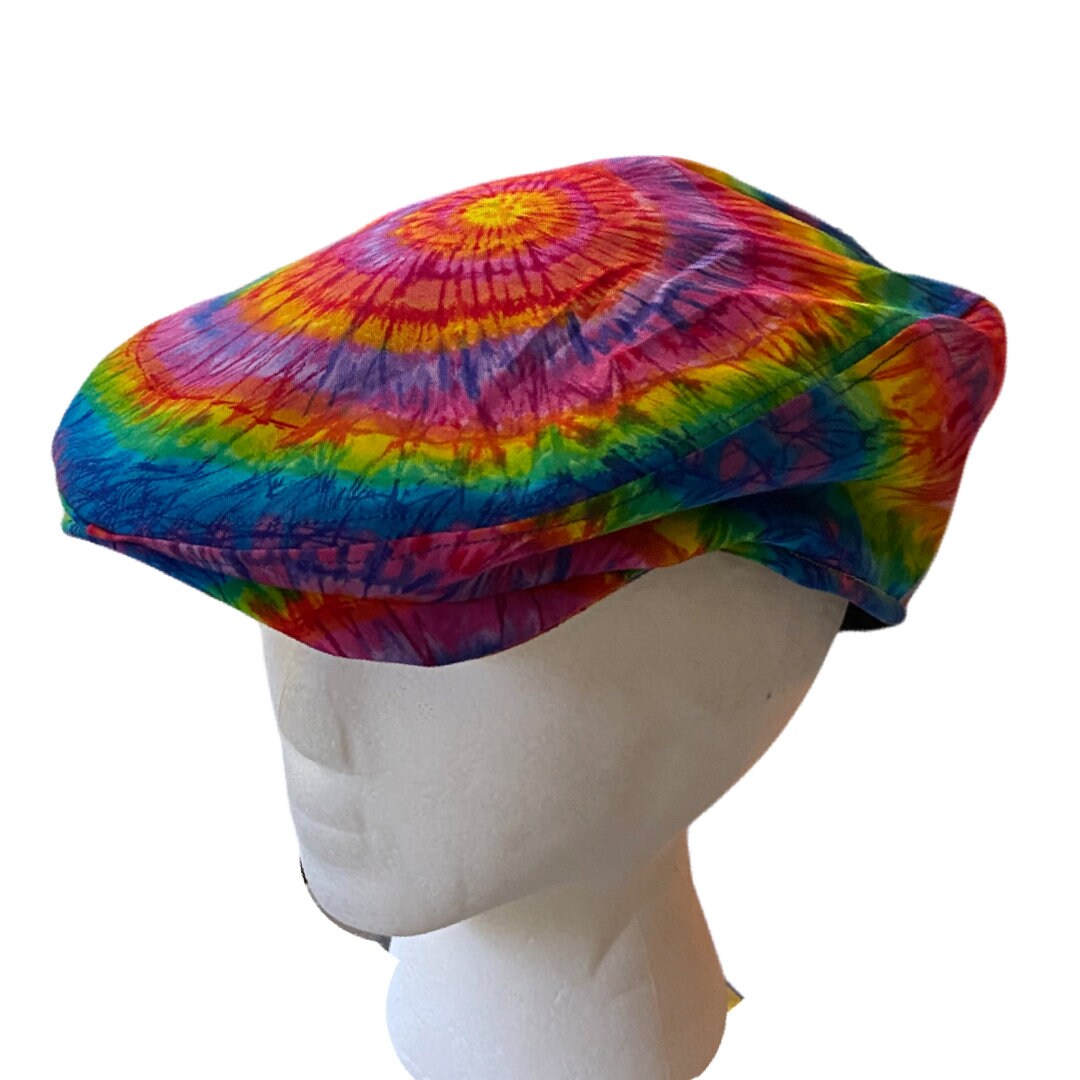 Handmade Tie Dye Flatcap Gatsby Newsboy Rave Hat Rainbow Multi Colour Festival Tie dye flat cap