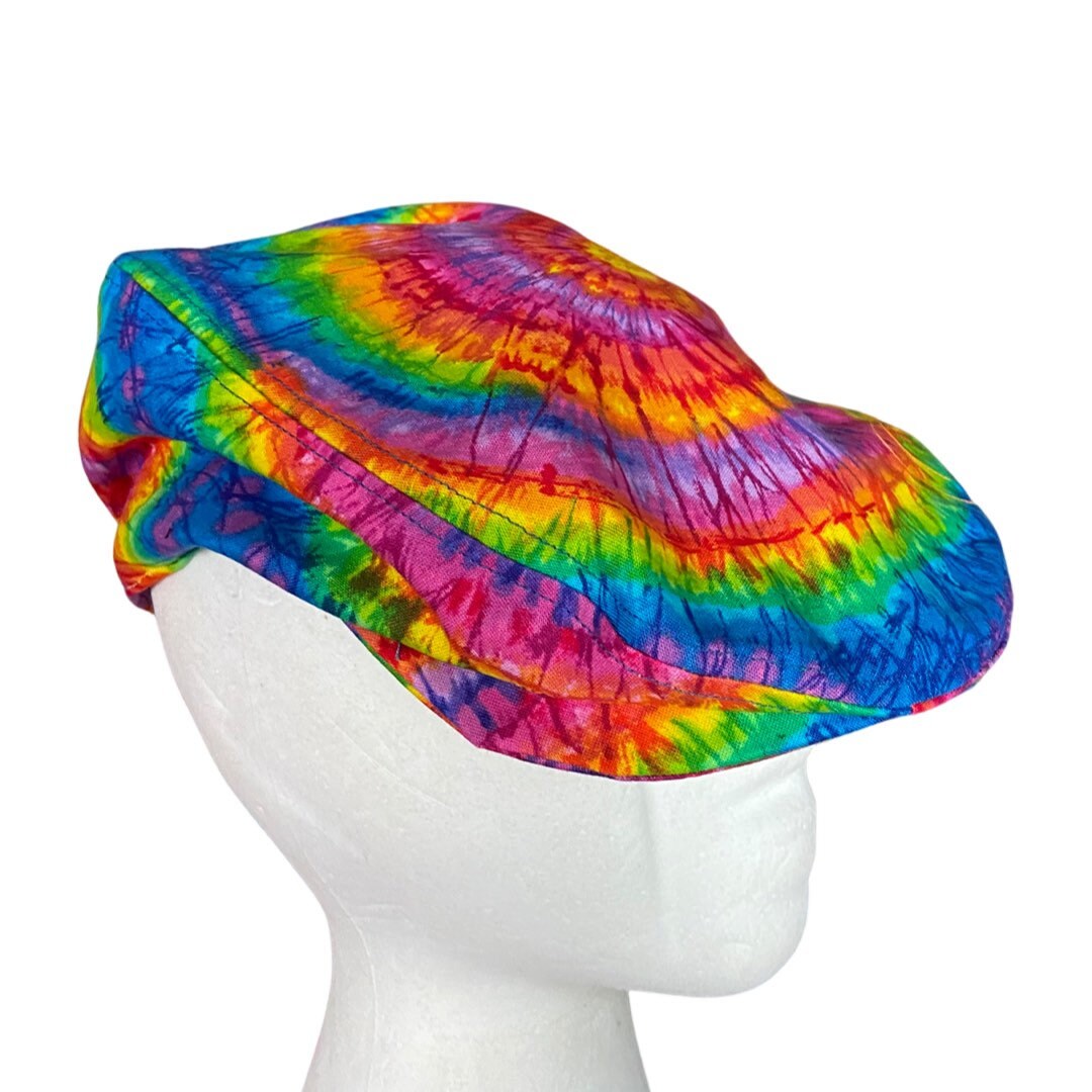 Handmade Tie Dye Flatcap Gatsby Newsboy Rave Hat Rainbow Multi Colour Festival Tie dye flat cap