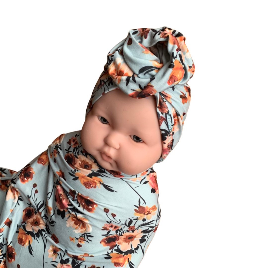 Swaddle Set - Floral Girls Swaddle & Hat (Bow or Newborn turban)