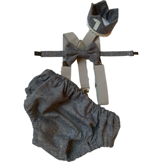 Light denim sitter set - baby boy photo prop - baby clothes - vintage style - first birthday crown - cake smash outfit