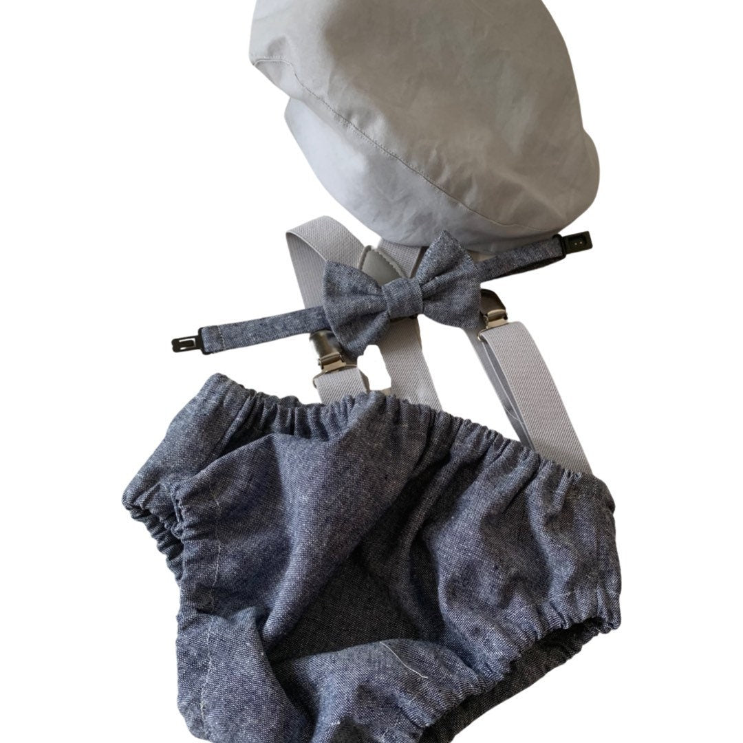 Light denim sitter set - baby boy photo prop - baby clothes - vintage style - flat cap - cake smash outfit