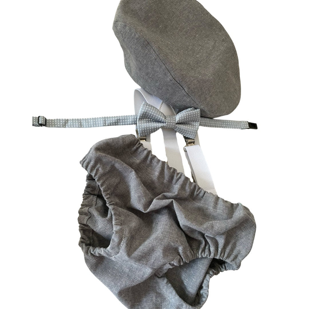 Light denim sitter set - baby boy photo prop - baby clothes - vintage style - flat cap - cake smash outfit