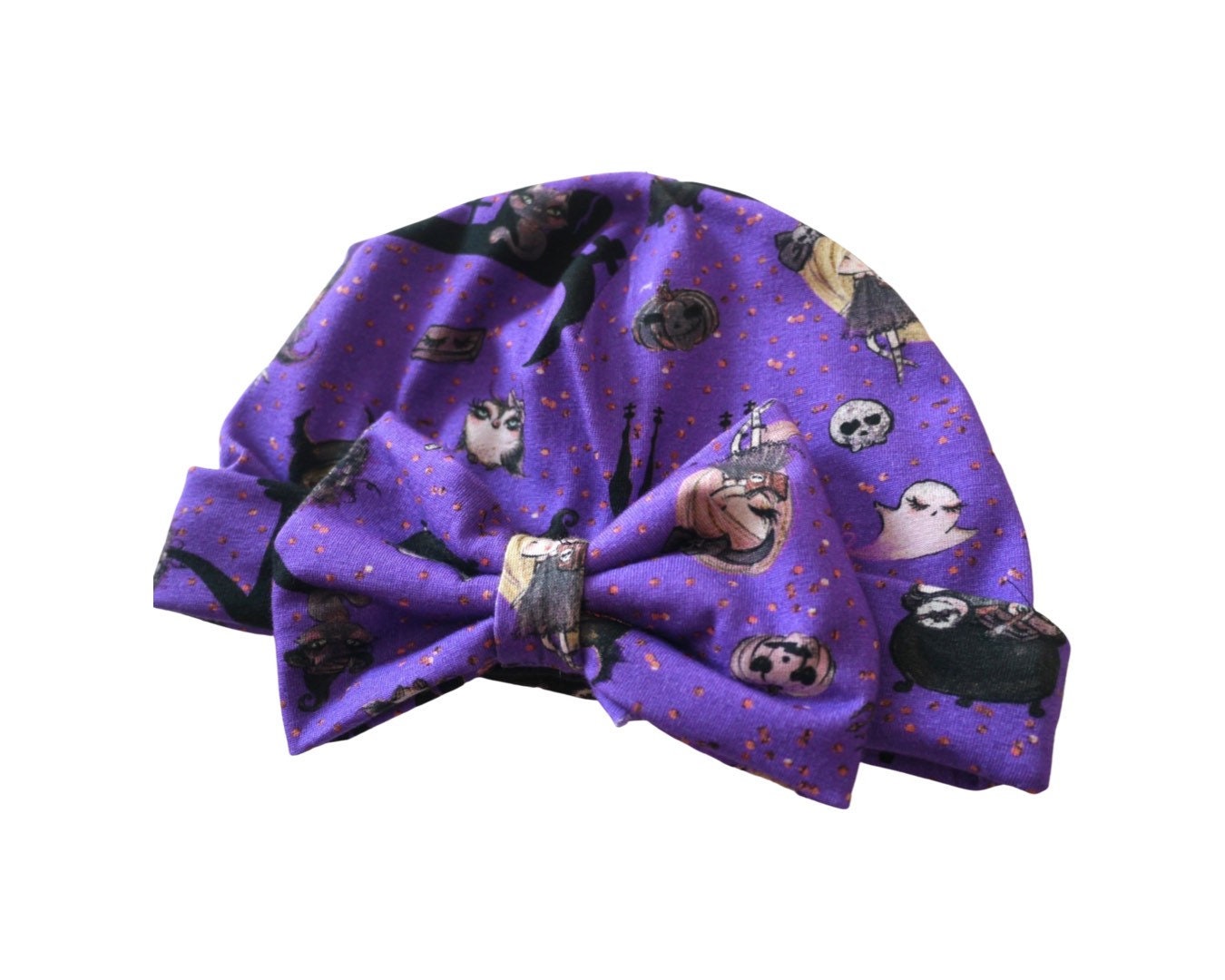 Purple Halloween Baby Turban Hat – Newborn Girl Headwrap with Bow, Spooky Bat & Witch Print, my first Halloween